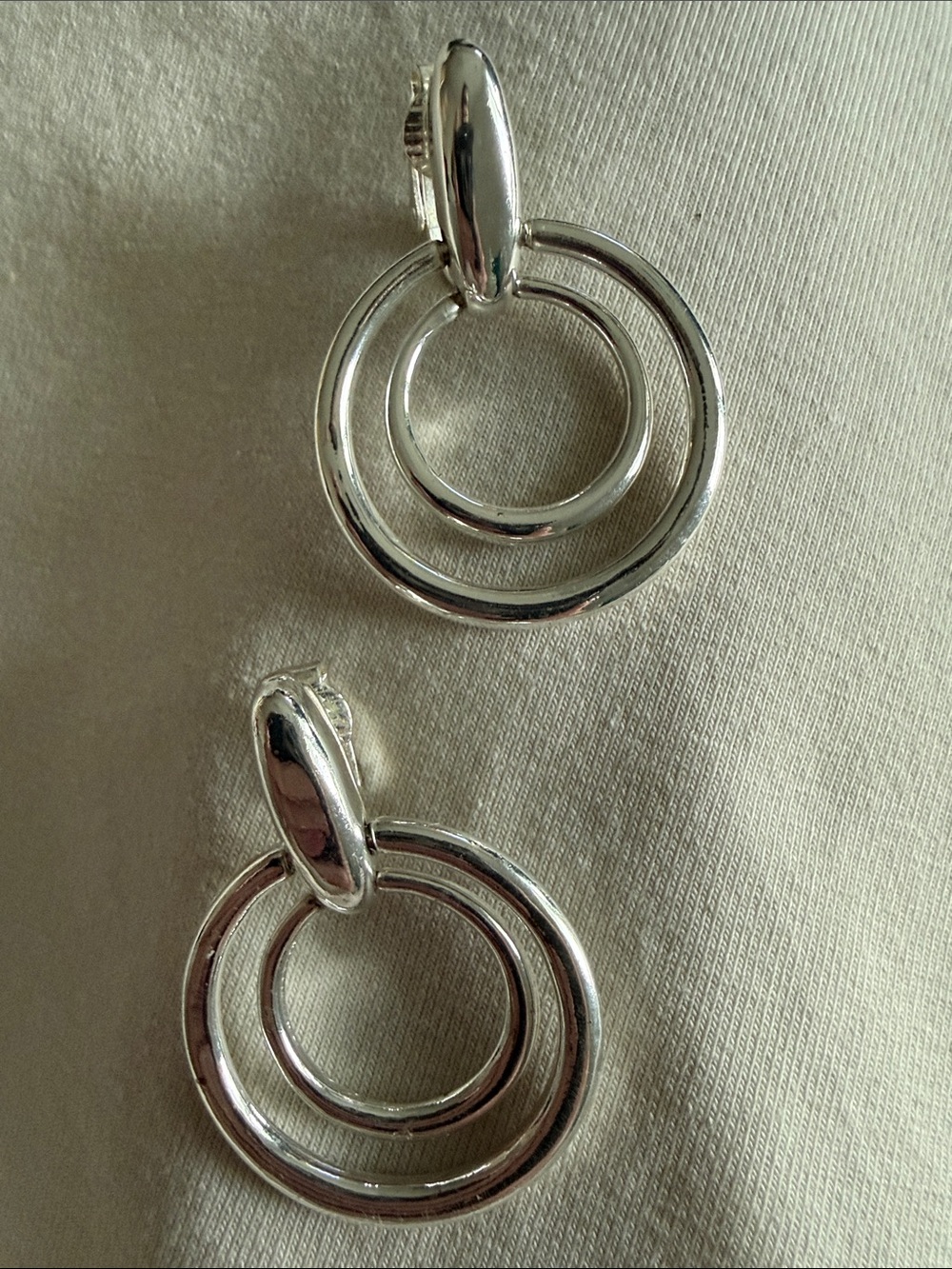 Vintage Liz Claiborne Silver Tone Double-Ring Clip-on Drop Earrings